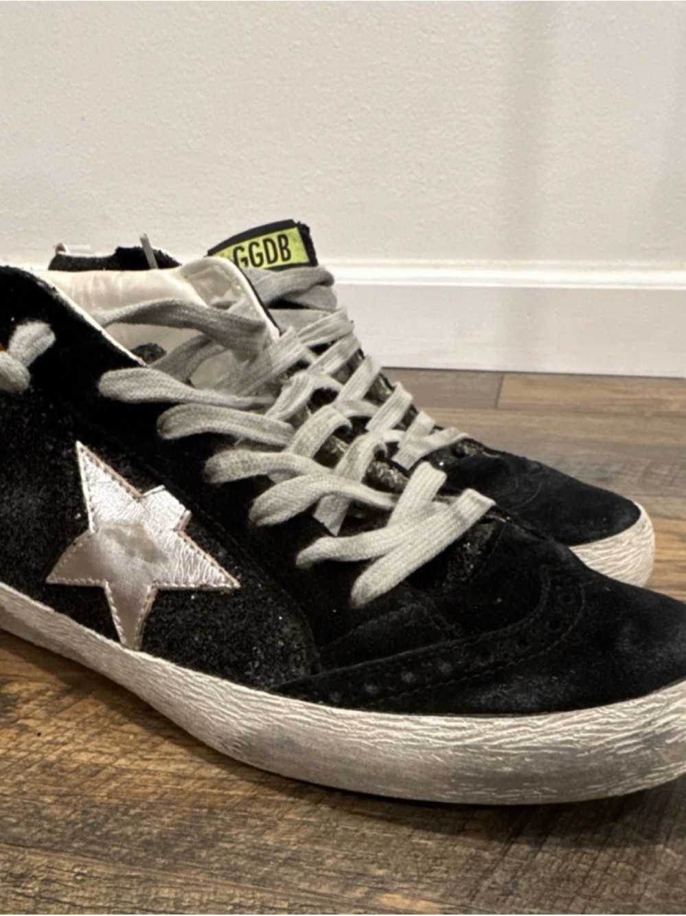 Golden Goose Mid Star w/Black Suede and Black Glitter Sneakers with Silver Star
